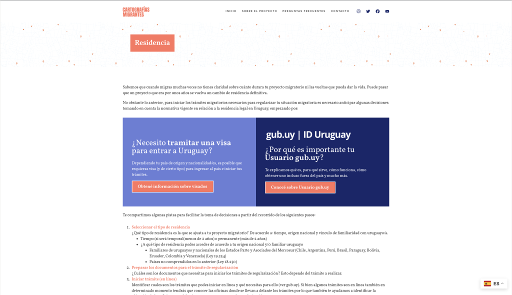 Sección residencia de cartografiasmigrantes.uy con información general y destacado sobre visas y otro de usuario gub.uy.