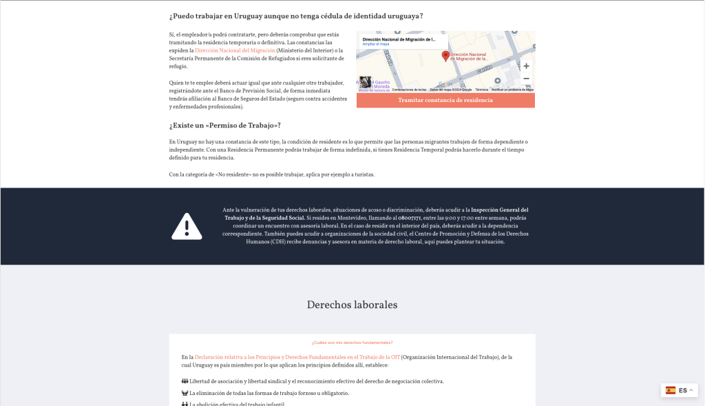 Detalle de sección trabajo de cartografíasmigrantes.uy con información sobre denuncias laborales